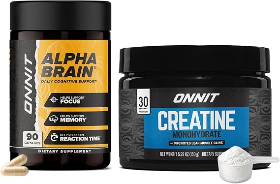 ONNIT Cognitive & Strength Performance Bundle: Alpha Brain Nootropic Capsules (90 Count) + Creatine Monohydrate Powder (30 Servings), IGEN Non-GMO Tested Focus, Strength & Lean Muscle Pack of 2