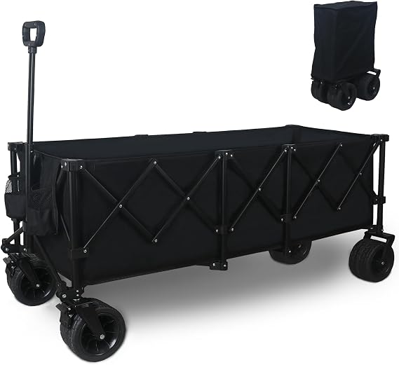 Quibbay 300L Collapsible Foldable Wagon with 440lbs Weight Capacity, Beach Wagon with All-Terrain Wheels & Drink Holders, Heavy Duty Folding Utility Garden Cart for Camping Sports Shopping, Black