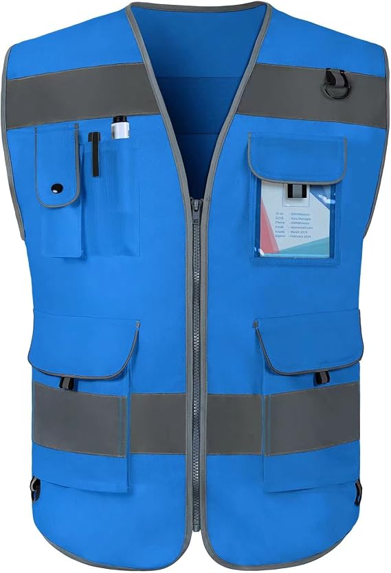 TCCFCCT Safety Vest 9 Pockets High Visibility Reflective Vest, Blue 3XL | Class 2 Hi Vis Work Vest for Men, Reflective Strips, Meets ANSI/ISEA Standards