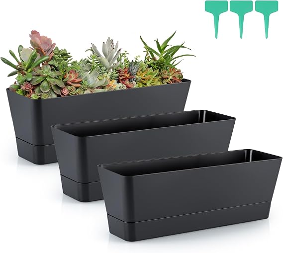 Skelang 3 Pcs Rectangular Plant Pot, 12" Flower Planter Box, Windowsill Container for Succulent, Herb, Vegetable (Black)