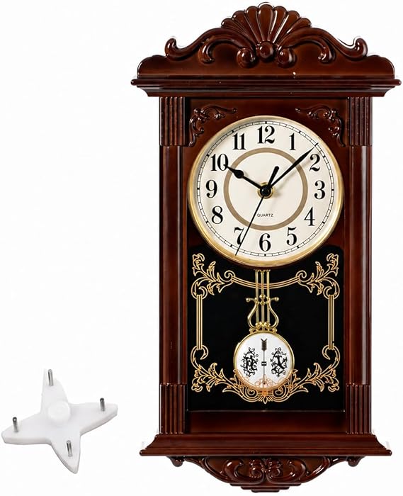 Clockswise Vintage Grandfather-Style Wall Clock with Wood-Effect Plastic Pendulum, Battery-Operated - for Home Decor, Living Room, Home Office, Kitchen or Dining Room (Brown)