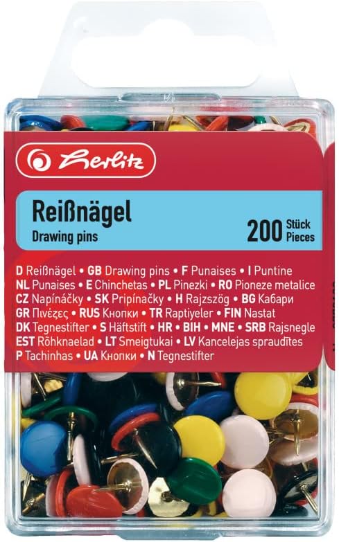 Herlitz 200 Pcs Push Pins in Case Assorted Colours Diameter: 9/5 mm