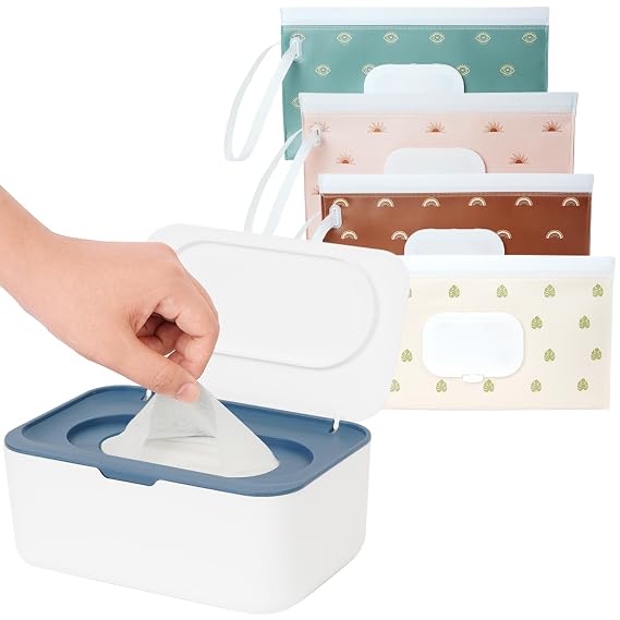 Wipes Dispenser with 4 Pack Portable Baby Wipe Case, Wipe Holder for Baby & Adult, Seposeve Refillable Wipe Container, Keeps Wipes Fresh, Easy Open/Close Wipes Pouch Case, Blue + 4 Multicolor