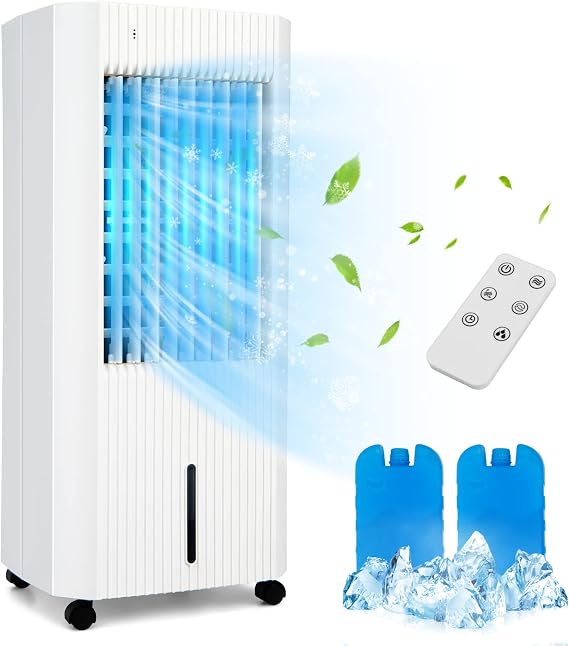 COSTWAY Evaporative Air Cooler, Portable Swamp Cooler with Remote Control, 2 Ice Packs, 15H Timer, 1.3 Gal Water Tank, 60Oscillation, Quiet Air Cooler Fan for Bedroom Office Home