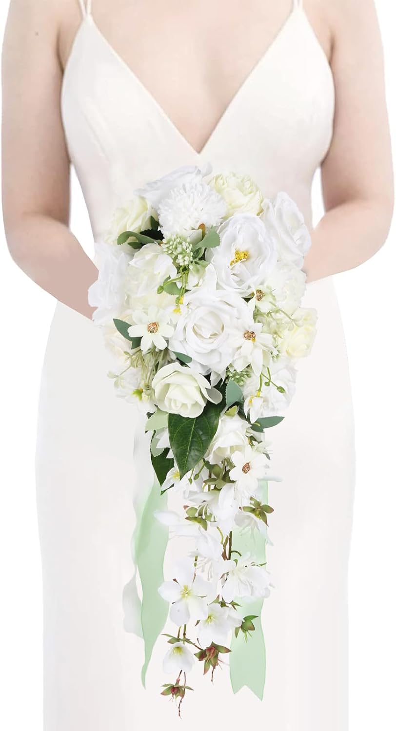 White Wedding Bouquets for Bride,10 Inch Fake Cascading Bridal Bouquet Silk Faux Flowers for Ceremony Anniversary Wedding Bridal ShowerWhite & Ivory