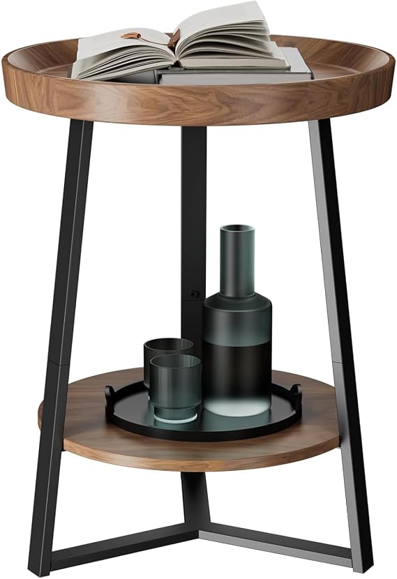 HOME BI Round End Table with Storage Shelf, 2 Tier Farmhouse Circle Side Table Nightstand for Living Room, Bedroom,Cherry Wood Grain