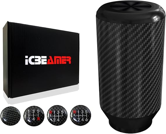 ICBEAMER 100% Real Carbon Fiber Black Aluminum Shift Knob for Buttonless Automatic and 4, 5 and 6 Speed Manual Transmission Vehicles, Carbon Fiber Grip, Black Top and Bottom