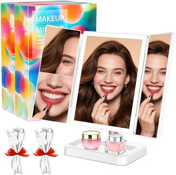 BERTHALESS for Mom Makeup Mirror Vanity Mirror with Lights(White 2 Pack) | 14.4" L x 9.1" W Rechargeable Lighted Mirror with 1X 2X, 3X, Magnification, 3 Color Lights