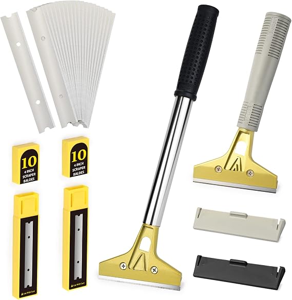 EHDIS 2 Piece Wallpaper Remover Set with 20 Replacement Blades - Wallpaper Scraper with Long Rubber Handle and Window Scraper with Extendable Handle 4 Inches for Windows Tiles Wallpaper