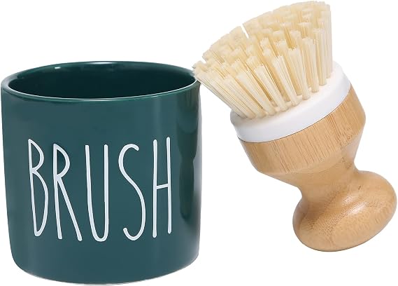 HOMCDALY Bamboo Dish Brush with Ceramic Dish Brush Holder, Kitchen Brushes for Dishes, Dish Scrub Brush, Kitchen Dish Scrubber with Soap Holder, Kitchen Scrub Brush Dishwashing Brush(Green)