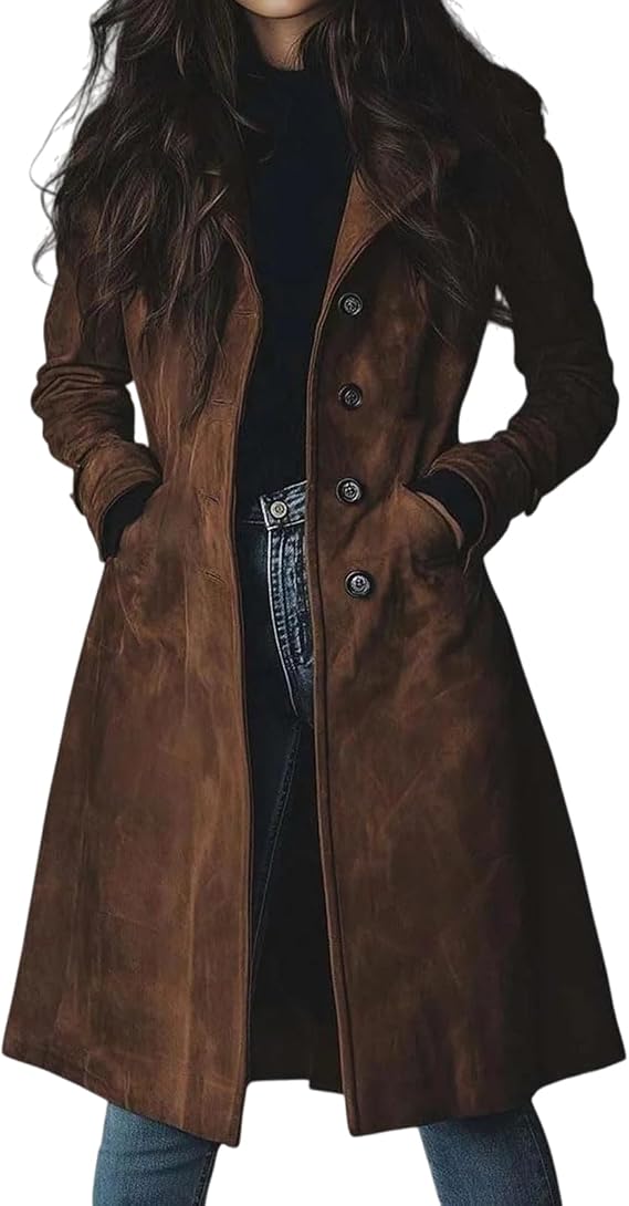 ZWRXW Womens Faux Suede Jacket Lapel Single Breasted Long Trench Coat Brown