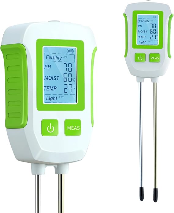 Mcbazel 5-in-1 Soil Tester with Backlit LCD, Dual Probe Soil Moisture Meter for Plants, Garden pH/Fertility/Light/Temperature/Moisture Tester, Ideal for Garden, Allotment & Indoor Plants