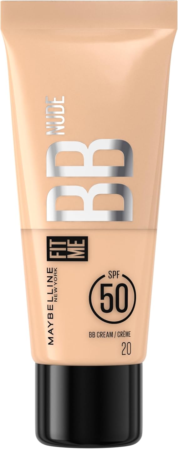 Maybelline Face Studio Fit Me BB Cream Nude SPF 50 Niacinamide Shade 20 | 24H Hydration, Lightweight Coverage, Healthy, Natural Dewy Finish, Face Studio Range, 30ml
