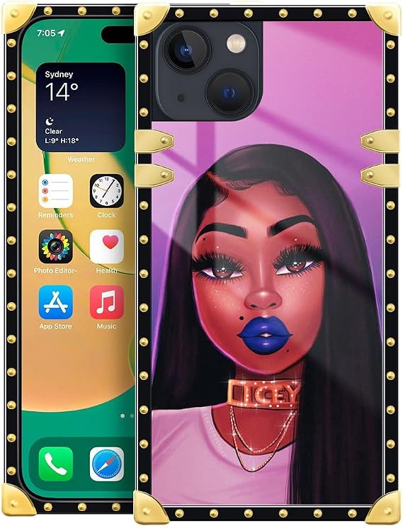 DAIZAG Compatible with iPhone 15 Case,Blue Lips Black Girl Gold Retro Metal Corner Decoration Soft TPU Shockproof Anti-Scratch Cover