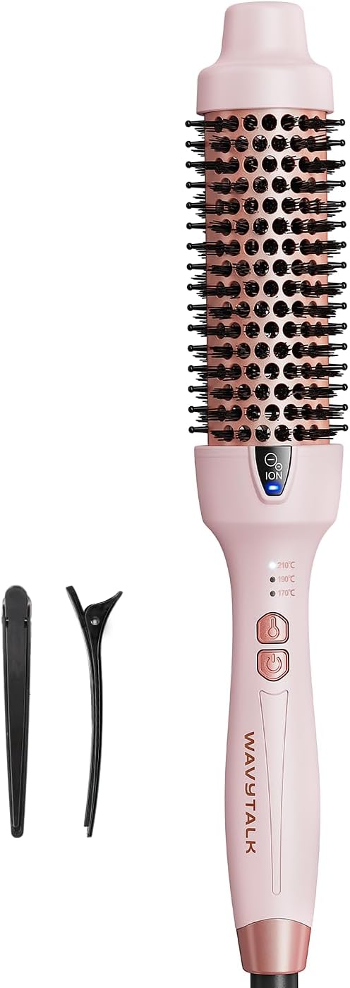 Wavytalk Thermal Brush 38mm Ionic Blowout Express Heated Hot Brush | Thermal Round Brush for Hair Styling, Heated Curling Iron Create Natural Curls, Dual Voltage and UK Plug, Pink