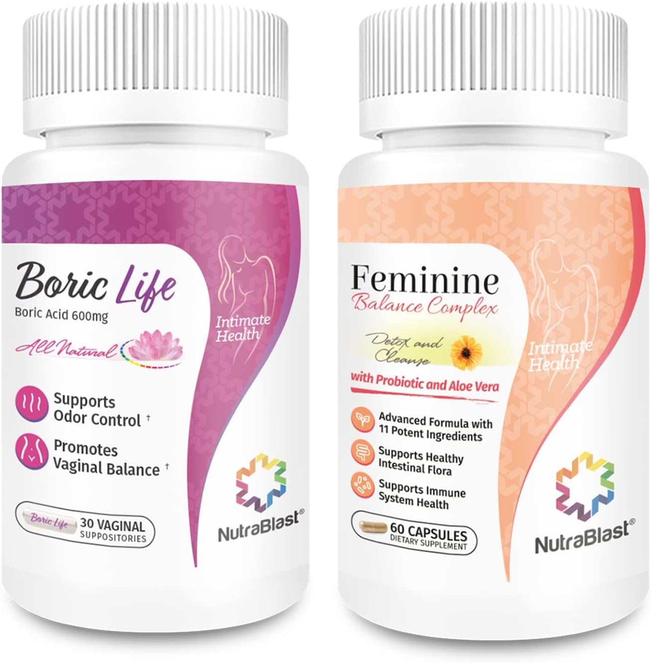 NutraBlast Boric Acid Vaginal Suppositories 600mg 30 Count Bundle with Feminine Balance Complex 60 Capsules | Vaginal Detox & Cleanse | Supports Healthy Intestinal Flora & Immune System