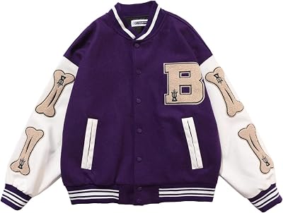 FTYUNWE Mens Varsity College Jacket Baseball Jackets Hip Hop Jackets, Furry Bone Color Block Streetwear Patchwork Pattern, Mens Baseball Coats, Flight Bomber Jacket,Lila-L