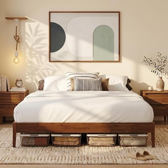 Howizz Camila 14'' Luxury Queen Bed Frame Japanese Joinery Bed Frame, Wooden Slats, No Box Spring Needed, Modern Design, Easy Assembly, Queen Size, Dark Choco Color