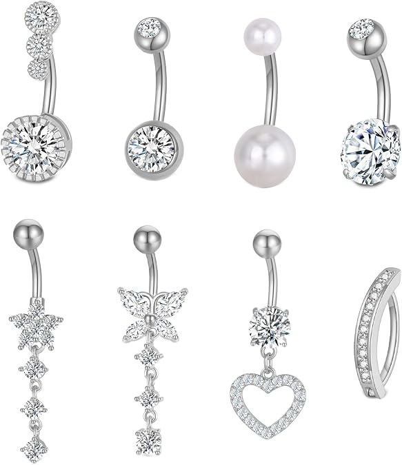 Spiritlele 8Pcs Belly Button Rings for Women 14G Gold Silver CZ Belly Rings Stainless Steel Dangle Clicker Navel Ring Piercing Jewelry with Heart Butterfly