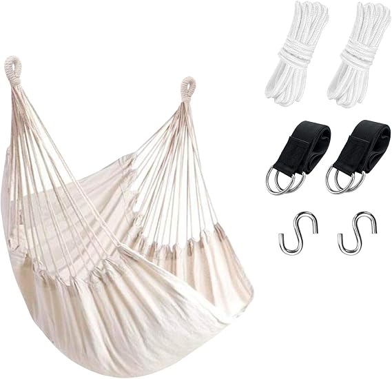 KPX Ourdoor Hanging Hammock Chair Comfortable Tree Swing Chair Large Size 110X130cm(Without Pillows) - 330 Lbs Weight Capacity (White)
