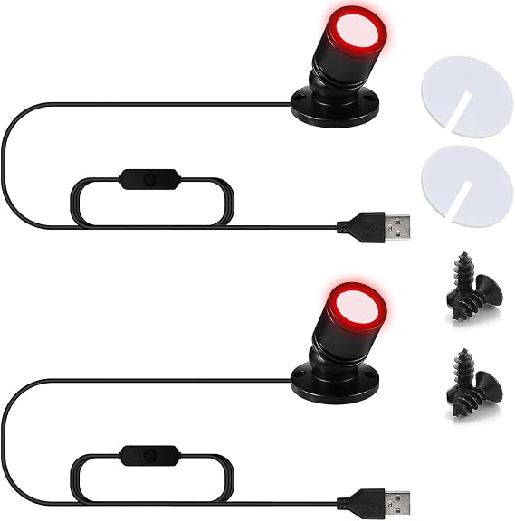 USB Powered Mini Spotlights for Displays 2-Pack – 5V Small LED Spot Lights Indoor, 7 Color Options, Compact USB Spotlight for Display Cases, Shelves, Cabinets, and Artwork (2PACK Red)