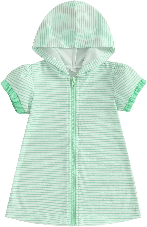 Girls Striped Swim Cover Up Beachwear Short Sleeve Zip Up Hooded Terry Swim Coverups One Piece Swimsuits Swimwear