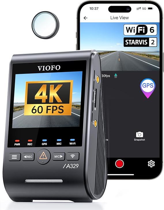 VIOFO A329S 4K 60FPS Dash Cam, STARVIS 2, WiFi 6, Parking Mode, SSD 4TB | 4K 60FPS front, STARVIS 2 sensor, Wi-Fi 6 & app control, power-saving parking mode, supports up to 4TB SSD or 512GB microSD