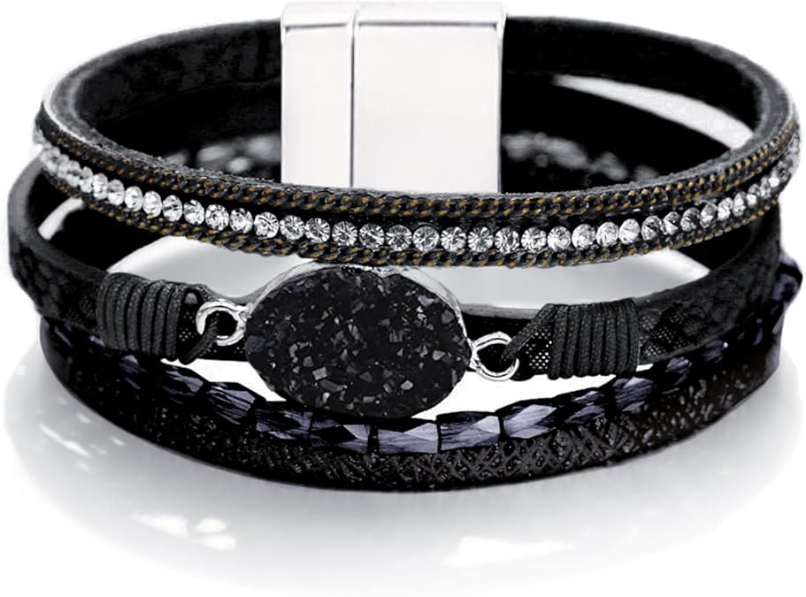 Fesciory Leopard Bracelet for Women, Boho Leather Wrap Multi-Layer Pearl Crystal Bracelet Bangle Jewelry