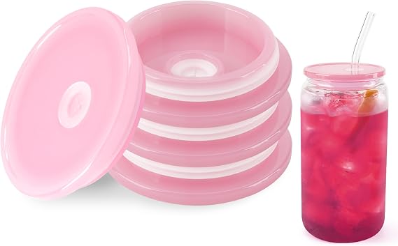 Joyclub 4 Pack Acrylic Lids Fit for 16 oz Glass Cups Pink Replacement Lids
