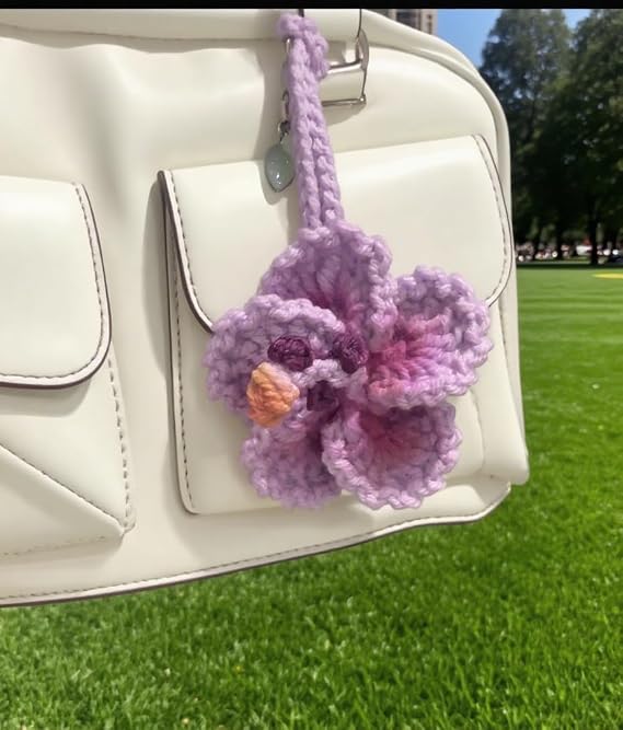 Hibiscus Flower Car Hanging Ornament,Crochet Hawaiian Tropical Flowers Bag Charms Decor Car Rear View Mirror Beach Accessories (Purple)