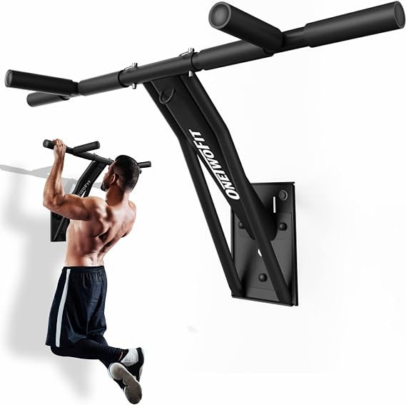 ONETWOFIT Wall Mounted Pull Up Bar, 2 in 1 Pull Up and Dip Bar Station Space Saving Multifunctional Wall Mount Chin Up Bar Indoor Outdoor Strength Training Home Gym Equipment, Support up to 330LBS