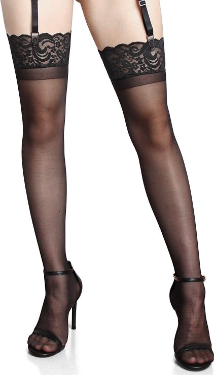 GARGALA Plus Size Sheer Thigh High Stockings for Women lingerie Garter Belt with Sexy Lace Top