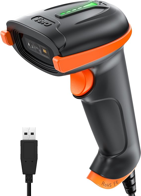 Tera D5100Y Barcode Scanner - USB Wired, 1D and 2D QR Code Reading, Plug and Play, Ergonomic Design, Anti-Shock Silicone, IP54 Dust and Water Protection, Multi-Language Assisted Barcode Scanner