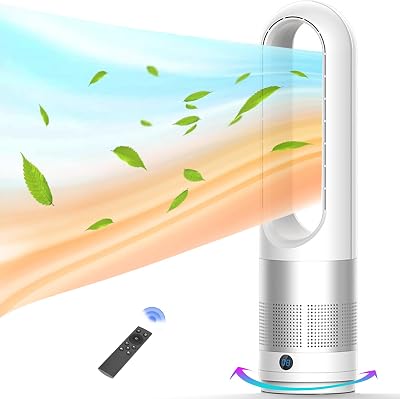 Bladeless Heater and Fan Combo, All the Season, 80 Oscillating with Remote and Touch Control, 8H Timer, 24 Inch, Floor Fan for Indoor Use, Large Room, Silver White