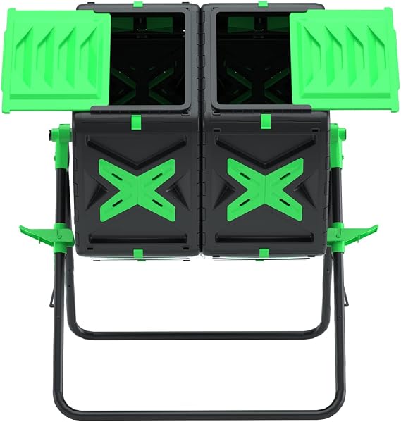 SQUEEZE master Large Dual Chamber Compost Bin Tumbler Outdoor Garden- Easy Rotating- Sturdy Steel Frame-Fast Composting (Green, 2 18.5 Gallon)