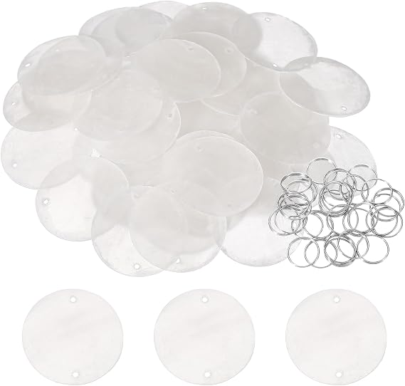Round Capiz Sea Shells, 1.2" Shells for Crafting with Closed-end Ring Seashell Beach Real Seashells Fitting for (Wind Chimes Jewelry Making DIY Craft Decoration), 50Pcs&White