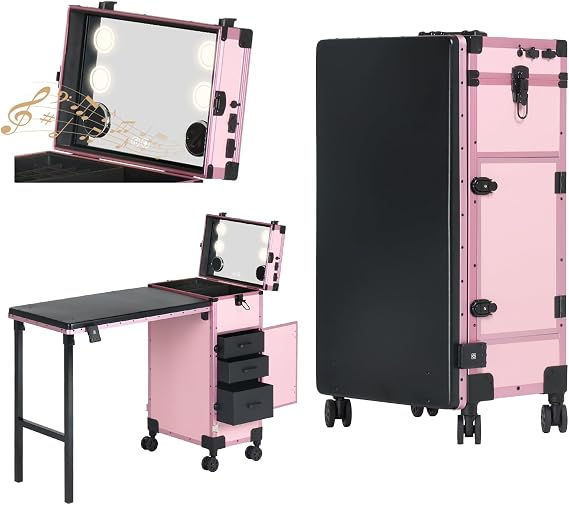 Rolling Portable Manicure Table with 3 Drawers, Lockable Makeup Train Case with Mirror, Foldable Nail Desk with Wheels & Handle, Mesa de Unas Profesional para Nail Techs & Salon Use, Pink