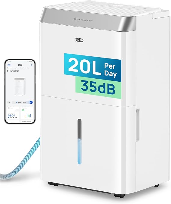 DREO 20L/Day Smart Dehumidifier, Low Energy & 35dB Quiet, Whole House Dehumidifier with Humidity Sensor & Display, 3 Speeds, Auto Humidity Control, Laundry Dry for Damp Large Rooms, 24H Timer