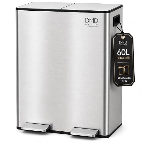 DMD Collective - 60L Double Kitchen Bin, Recycling Bins for Kitchen, Silver
