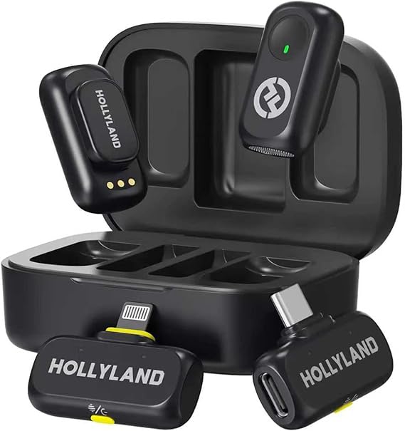 Hollyland Lark A1 Wireless Mini Microphone for iPhone & Android,48kHz/24-bit,3-Level Intelligent Noise Cancel,Wireless Microphones for YouTube,Podcast,Tiktok and Vlog (2TX + 2RX + Charging Case)