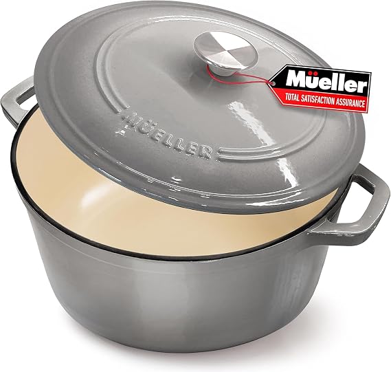 MUELLER HOME 7.5 QT Enameled Cast Iron Dutch Oven, Heavy-Duty, Oven-Safe up to 500 F & Across All Cooktops, Casserole Dish and Braiser Pan with Lid and Stainless Knob, Grey