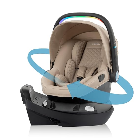 Evenflo Revolve180 LiteMax NXT Rotating Preemie and Infant Car Seat | w/ SensorySoothe, Green & Gentle Fabric, SensorSafe, Rear-Facing Mode 3-30 lbs, Lighweight, Easy Install Base (Topaz)
