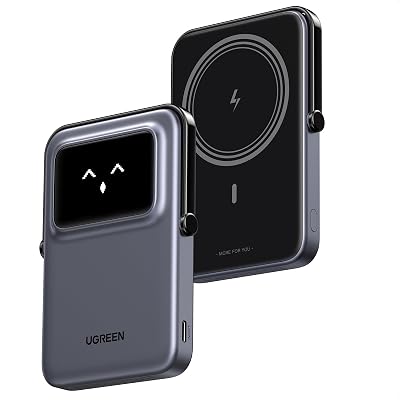 UGREEN Uno Magnetic Power Bank, Wireless Portable Charger, 20W Fast Charging Battery Pack with Foldable Stand and TFT Display 5000mAh for iPhone 1717 Air17 Pro17 Pro Max16151413 Series, Black