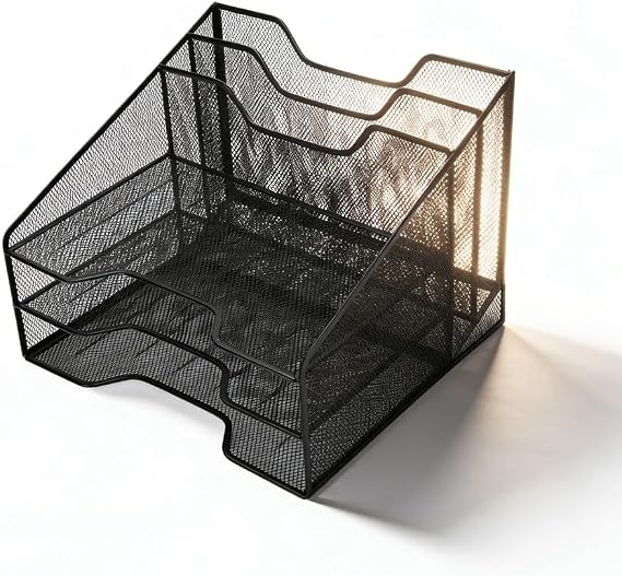 3 Tier Paper Tray Metal Mesh Desktop Organizer, Letter File Document Storage Rack, Black - Durable Iron Construction, Space Saving Design, Ideal for Office and Home Use