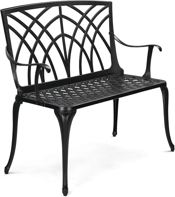Bonnlo 38" Outdoor Bench, Aluminum Garden Bench with Orchid Patten, Anti-Slip Entryway Bench 1-2 Person Seat for Patio, Lawn, Backyard (Black)