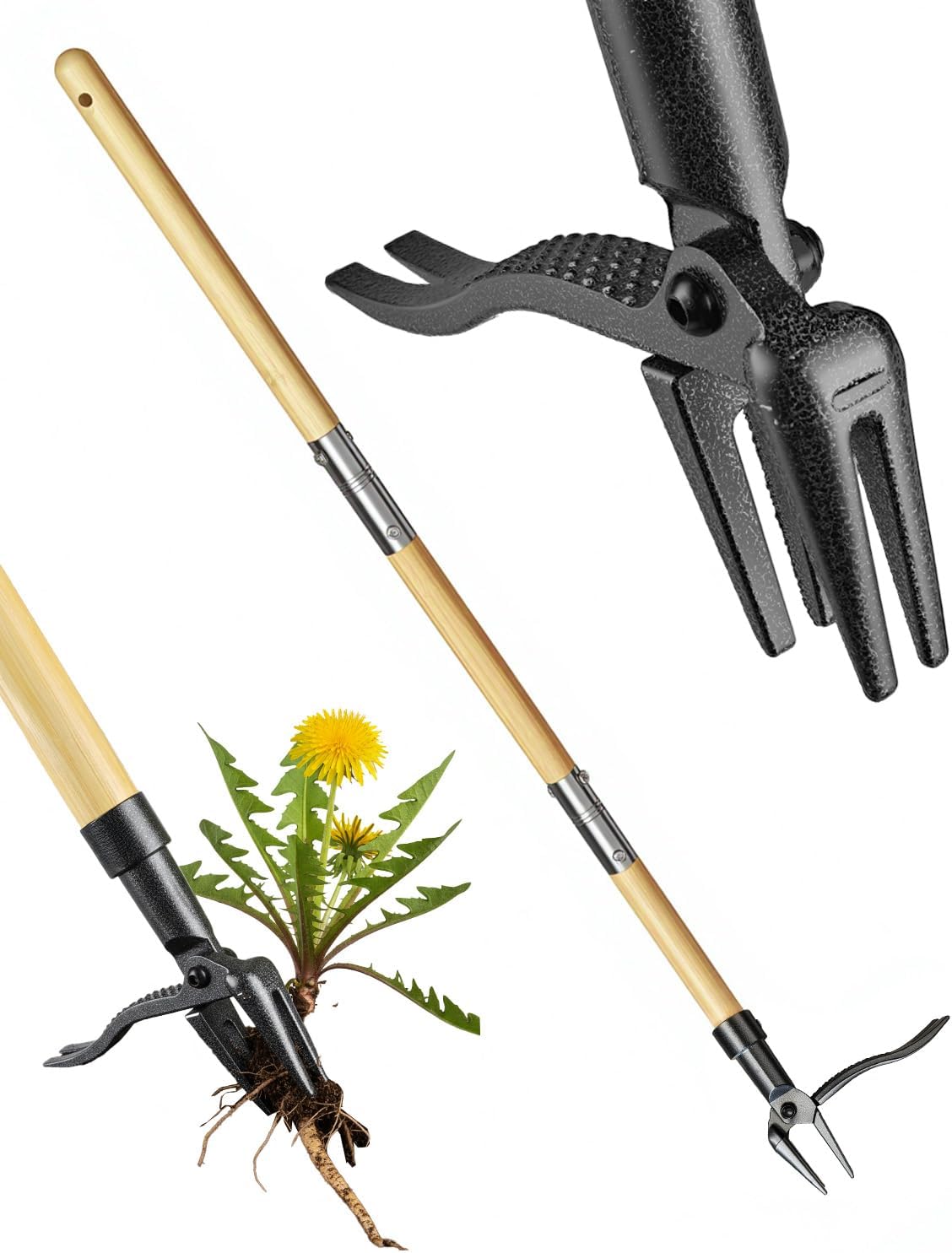 Weed Remover Tool Stand Up, 110cm Original Bamboo Long Handle Weed Puller Root Remover with 4-Claw Steel Head Heavy Duty, No Kneeling Bending Weeding