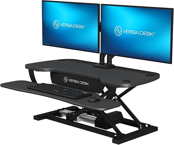 VERSADESK PowerPro 36 Inch Electric Standing Desk Converter Push-Button Height Adjustable Sit to Stand Desk Riser for Dual Monitors & Laptop Motorized Desktop Workstation with Wide Keyboard Tray