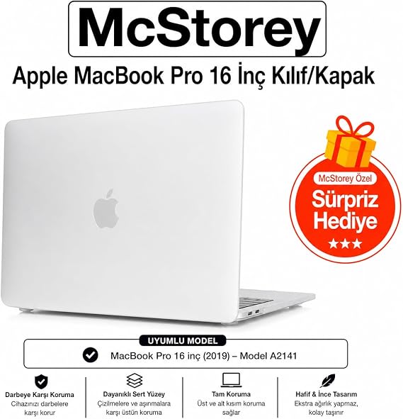 McStorey MacBook Pro 16 Touch Bar Uyumlu Sert Kapak Hardcase Mat Yüzey İnce Hafif Darbe Çizilme Koruma A2141 Şeffaf