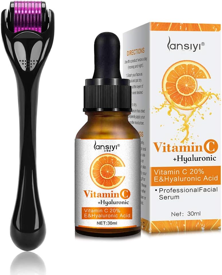 Derma Roller Microneedling Kit for Face 0.3mm and Vitamin C Serum with Hyaluronic Acid Facial Serum - 540 Titanium Microneedle Organic Vitamin C 20% Serum Micro Needles Acne Scar Anti Aging Wrinkles