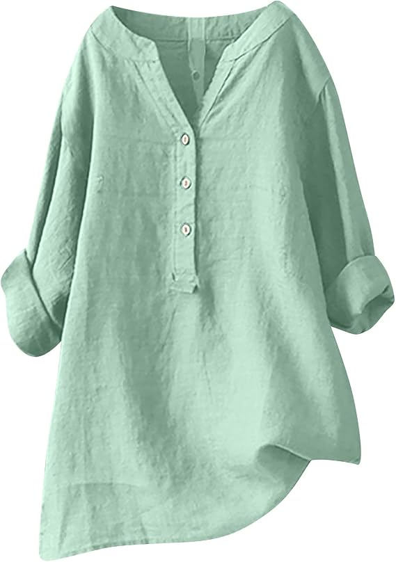 Women's Plus Size Cotton Linen Dress Tops Button Down Shirts Dress Casual Autumn Blouse to Wear with Leggings